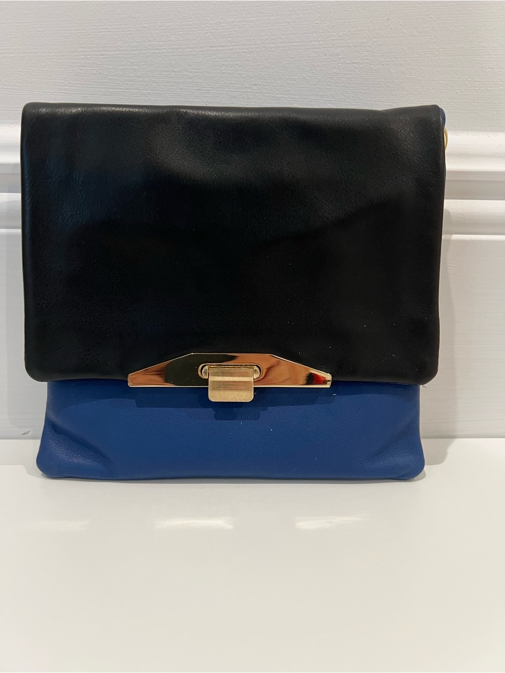 New Vintage Ann Taylor Black & Blue Foldover Square Bag with Gold Clasp